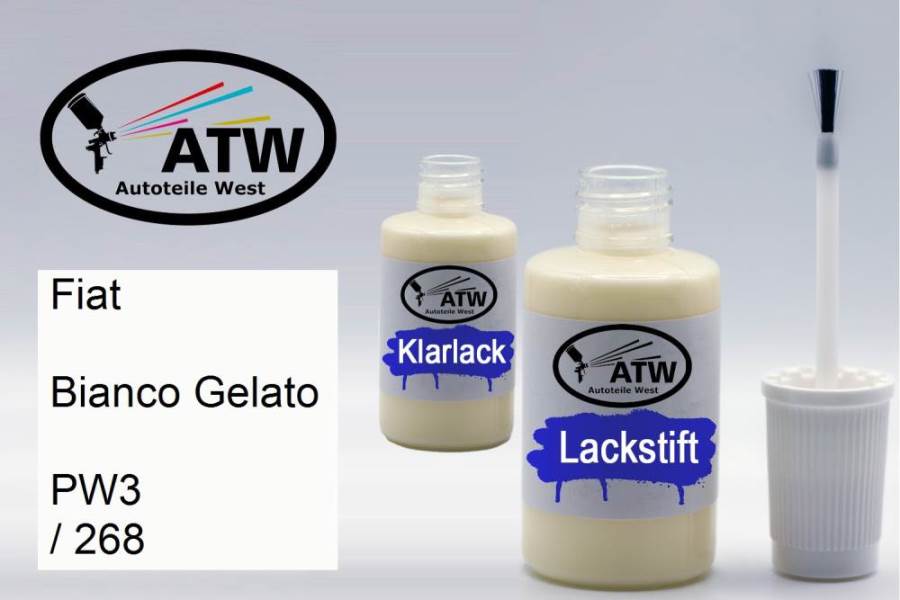 Fiat, Bianco Gelato, PW3 / 268: 20ml Lackstift + 20ml Klarlack - Set, von ATW Autoteile West.